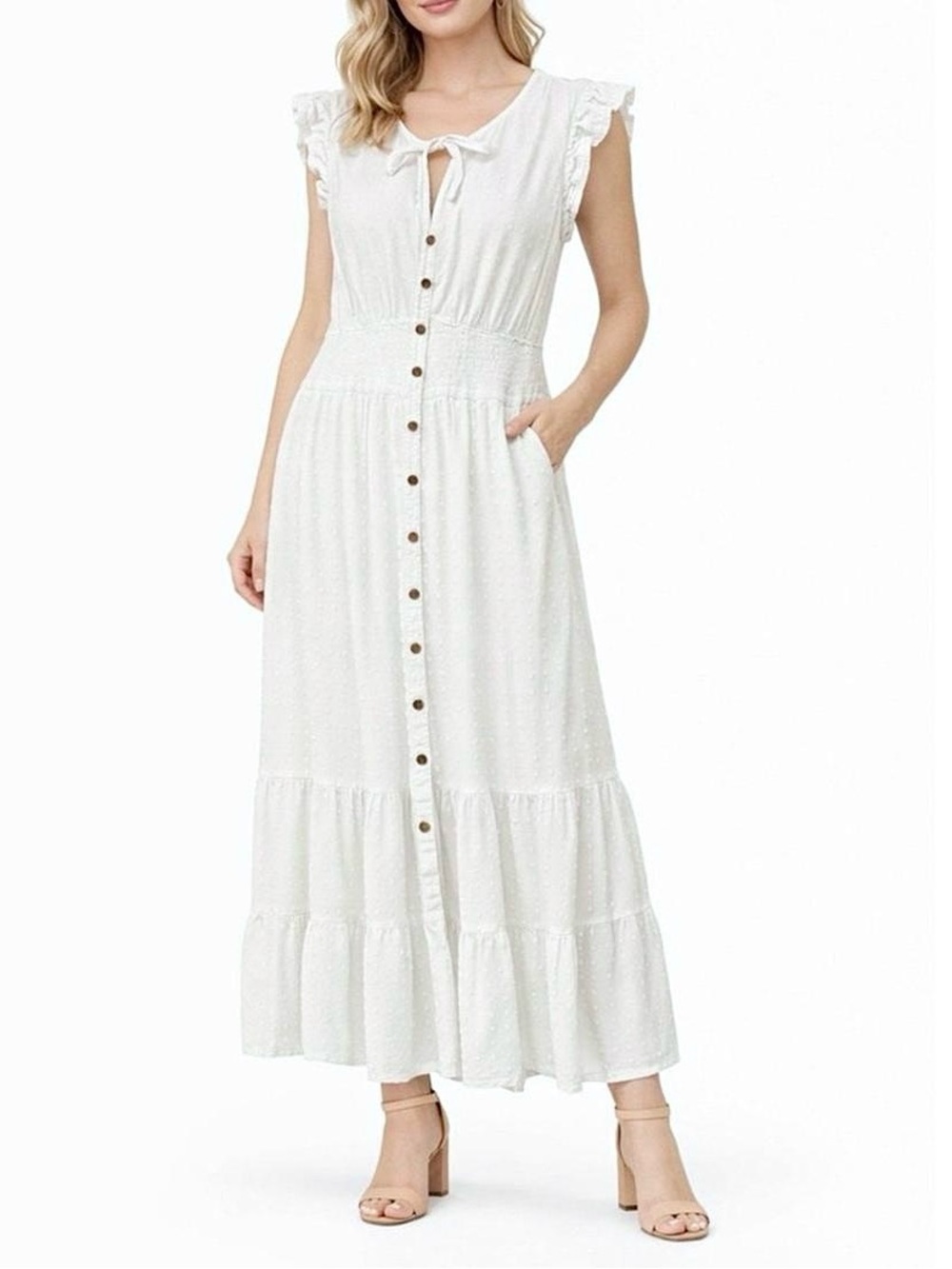 Sonoma Cotton Blend Swiss Dot White Ruffle Smocked Pockets Buttoned Maxi Dress L